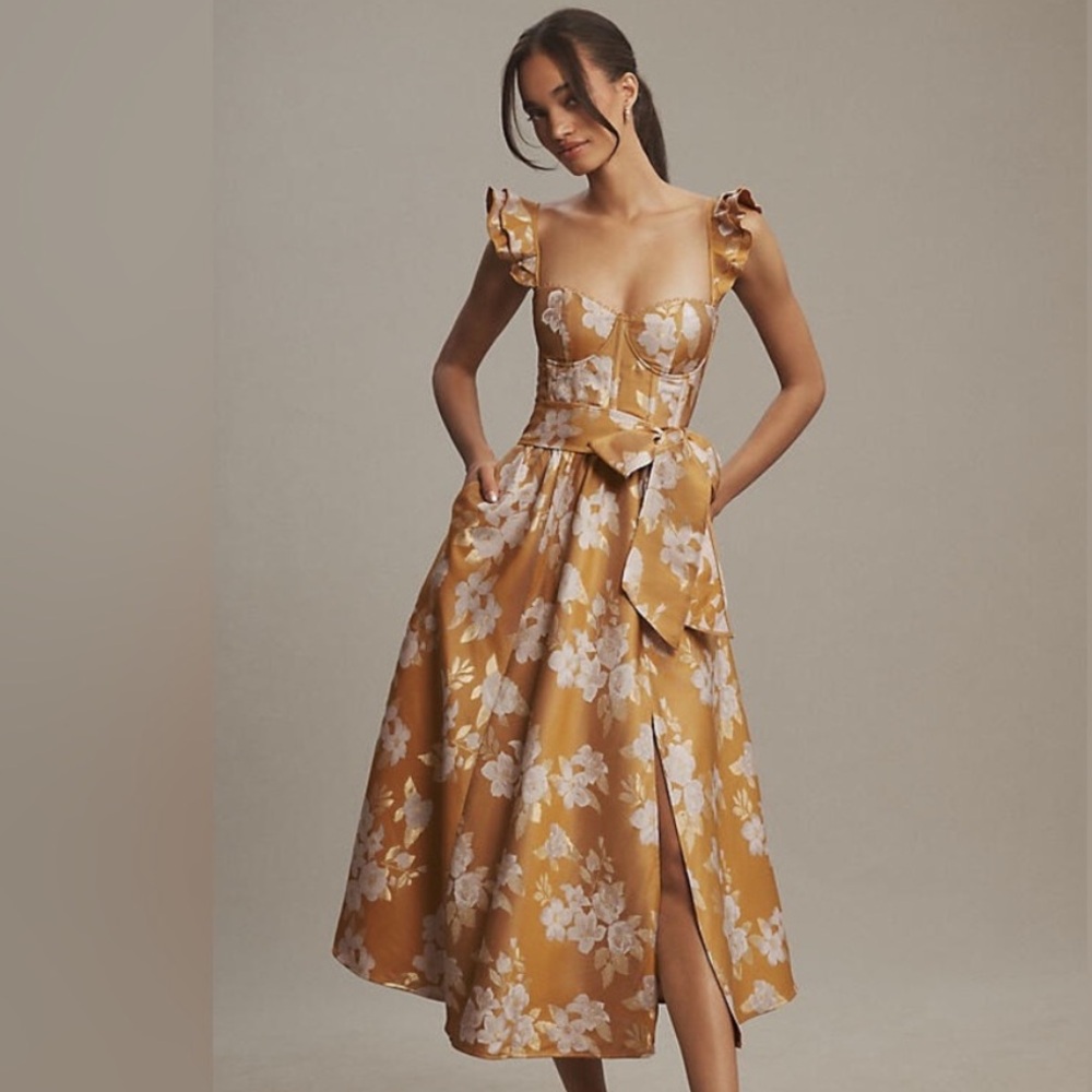 Anthropologie V. Chapman Floral Ruffle Strap Corset Midi Dress with Slit
